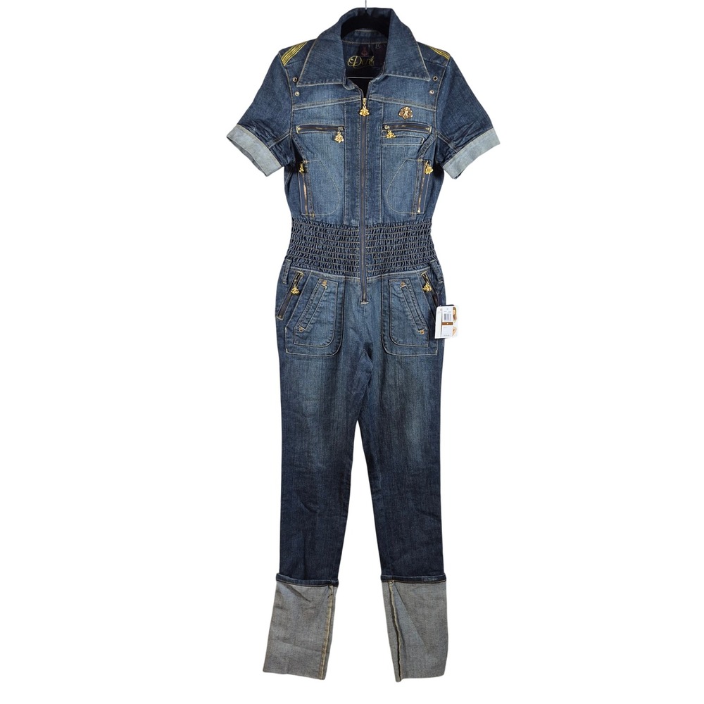 Dereon Jumpsuit Y2K Gold Embroidery M Blue Women